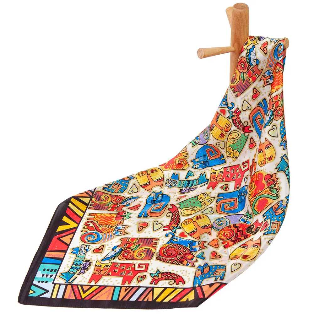 

65cm 100% Natural Silk Scarf Women Kitten Animal Print Bandana Tribal Geometric Head Square Foulards Female Ladies Neckerchief