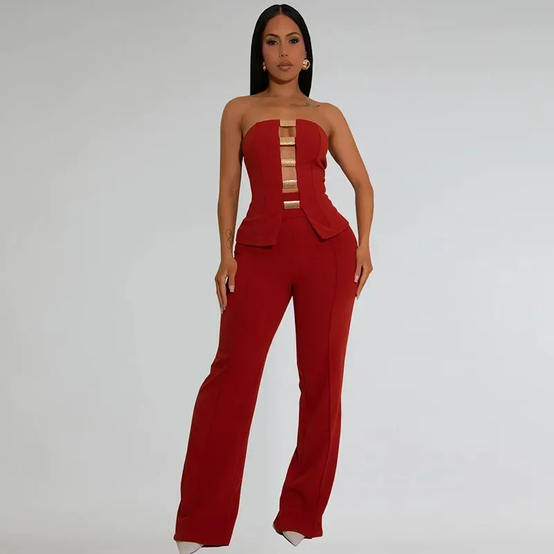 

Solid Elegant 2 Piece Set for Woman Night Club Party Hollow Out Strapless Top and Flare Pants Matching Sets Birthday Outfits