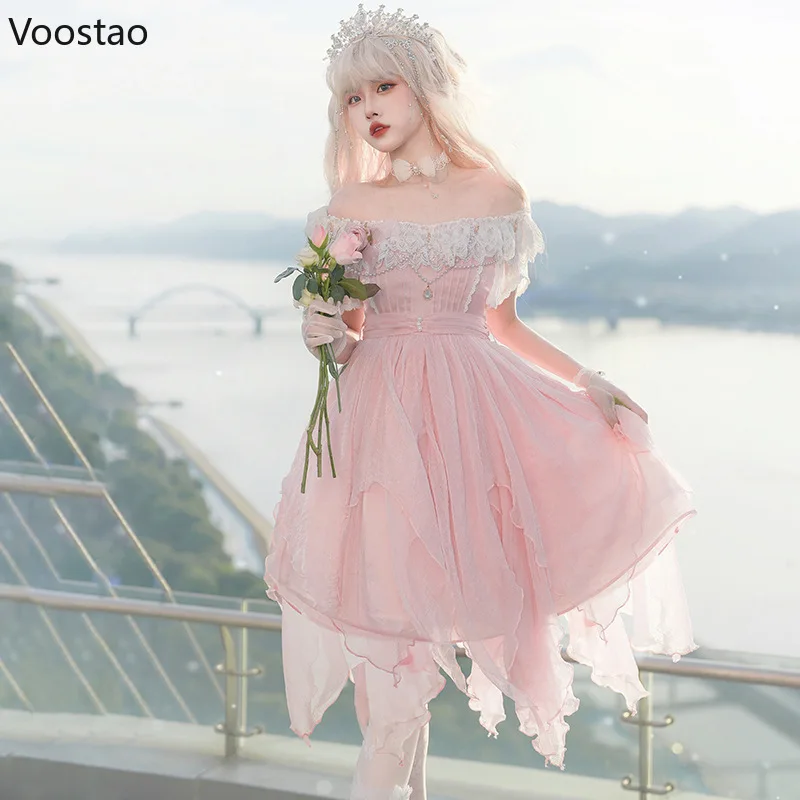 Robe de princesse japonaise Lolita OP pour femme, robe élégante en dentelle rose douce, robes de soirée JOPink, robe dégradée pour fille victorienne, Kawaii