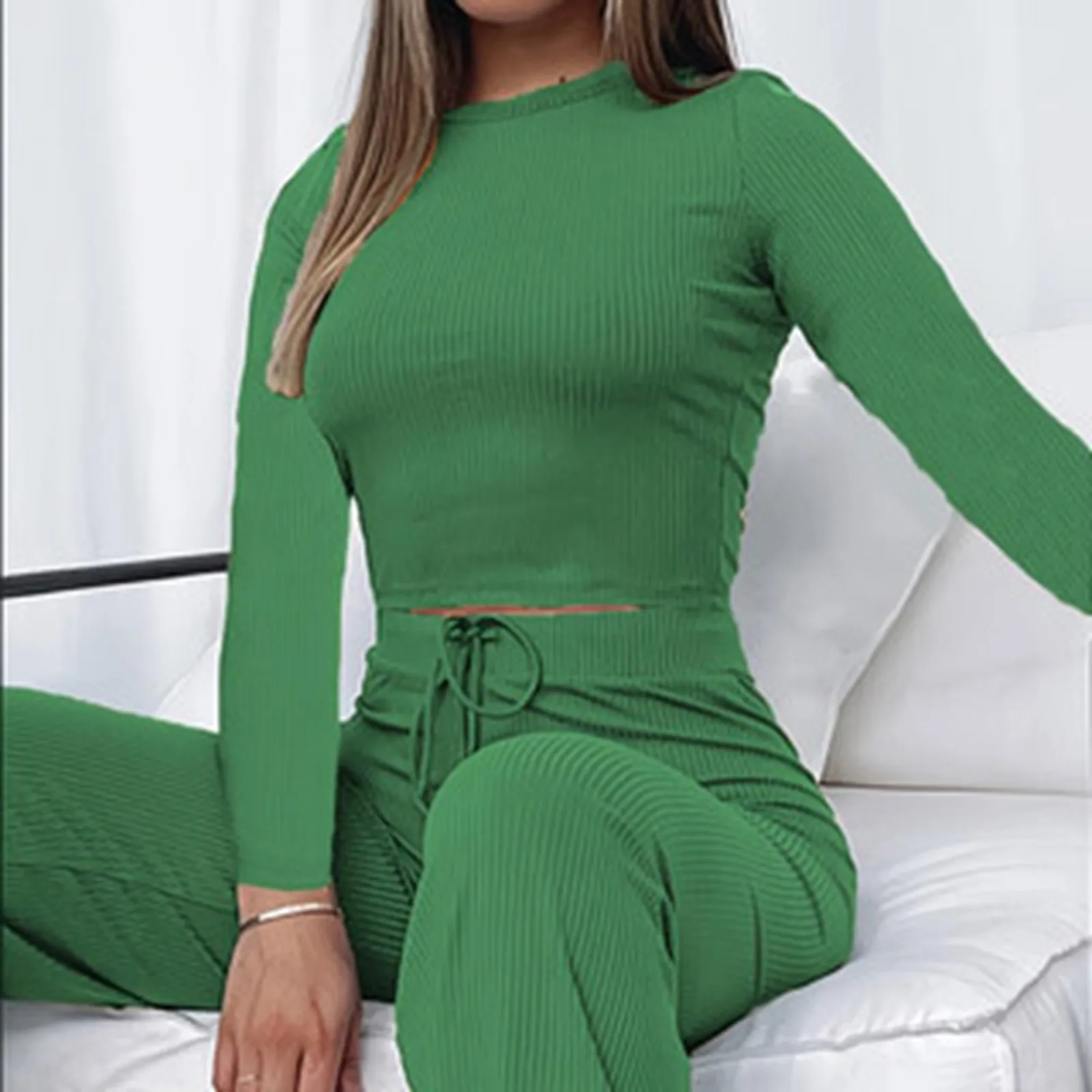 Two Piece Sets Women Solid Autumn Tracksuits High Waist Stretchy Sportswear Hot Crop Tops And Leggings Matching Outfits