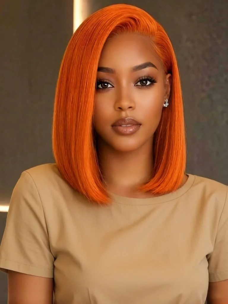 12 Inch Bright Orange Straight Bob Wig 13x4 Lace Front Brazilian Human Hair 200% Density Side Part Colored Bob Wig