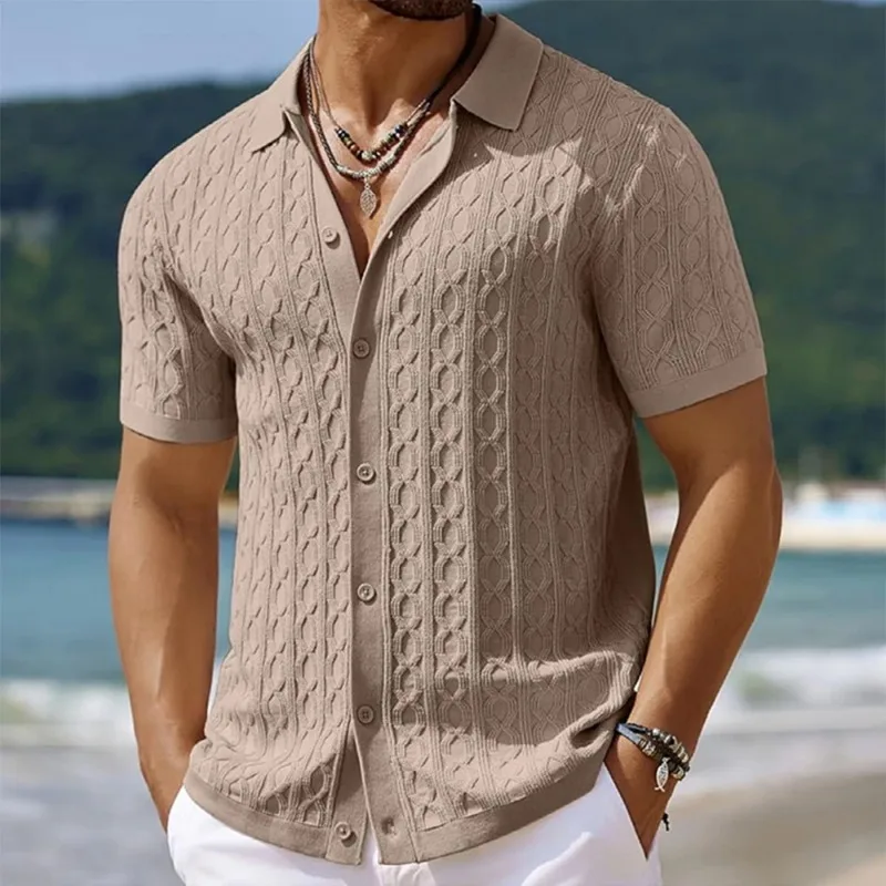 

Summer New Trend Men Fashion Polo Shirt Light Luxury Textured Knit T-shirt American Style Short Sleeve Casual Cardigan Tops 2025