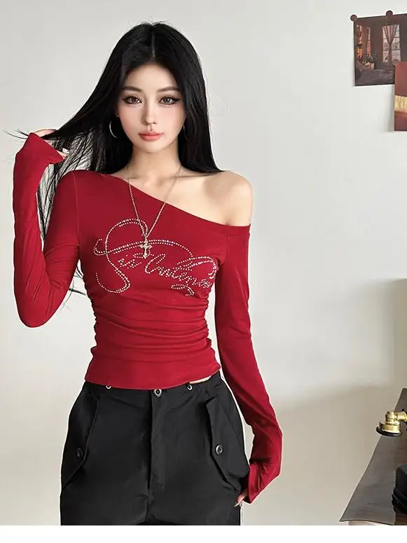 WEIRD PUSS ey Lettre Long Sve oulder Bared T irt Femmes Casual Polyvalent Minceur Base Couche irt Coton Polyester...