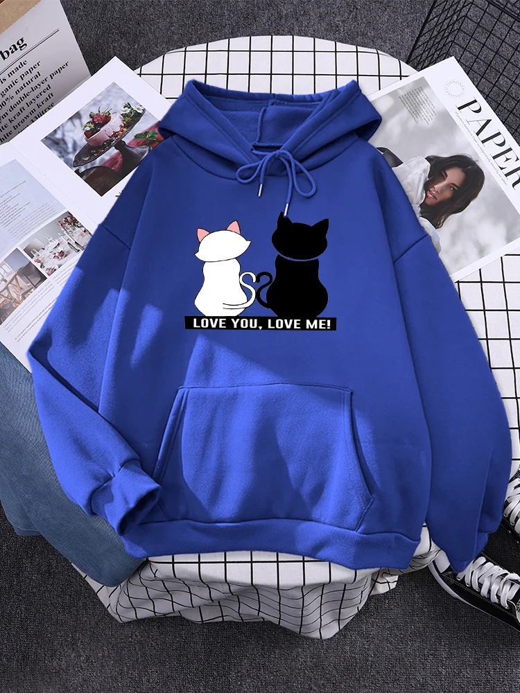 Love You Love Me Black And White Cats Fall In Love Print Women Hooded Simple Warm Pullover Casual Fleece Sweat Street Soft Tops