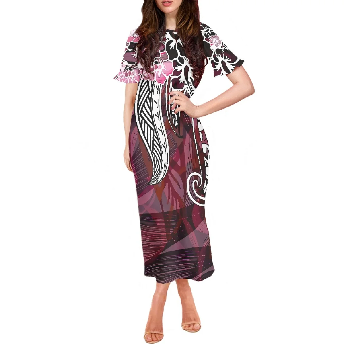 

Island Clothing 2025 Short Sleeve Evening Dress Polynesian Botanical Print Dress Custom Summer Bodycon Ruffle Sleeve Dress