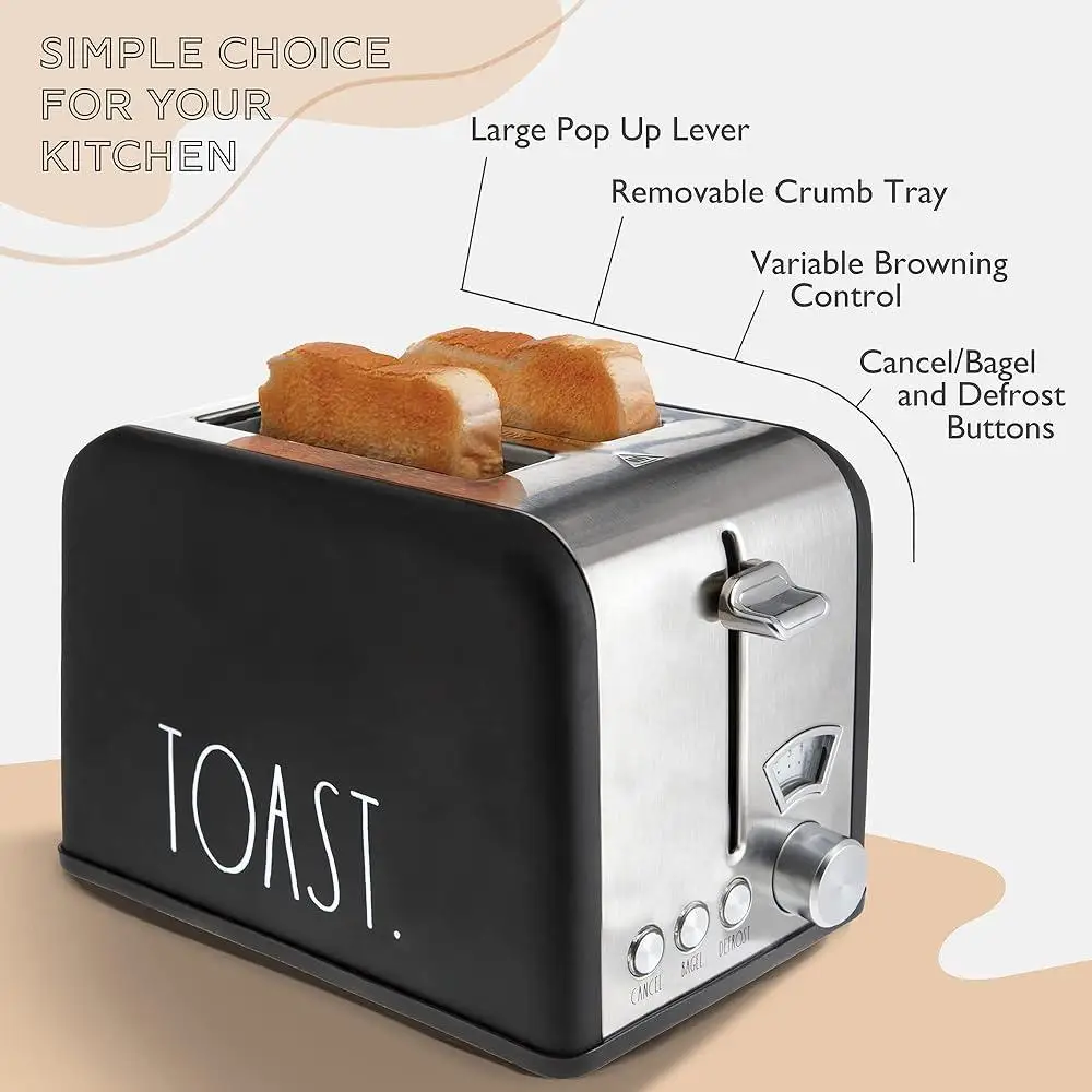 Stainless Steel 2 Slice Toaster Wide Slot 5 Browning Levels Bagel Defrost Cancel Function Easy Clean Removable Crumb Tray