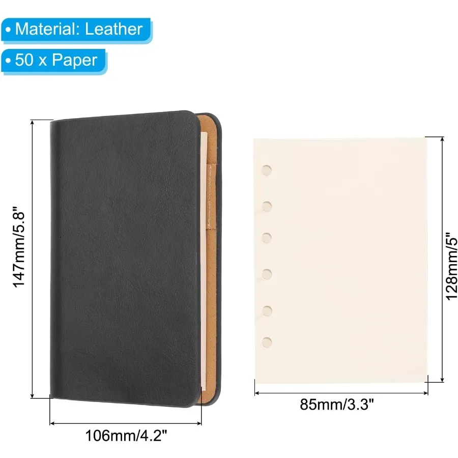 غطاء دفتر ملاحظات جلدي مكون من 6 حلقات مقاس A7، مخطط صغير قابل لإعادة الملء من أوراق الشجر السائبة مع 50 ورقة باللون الأسود