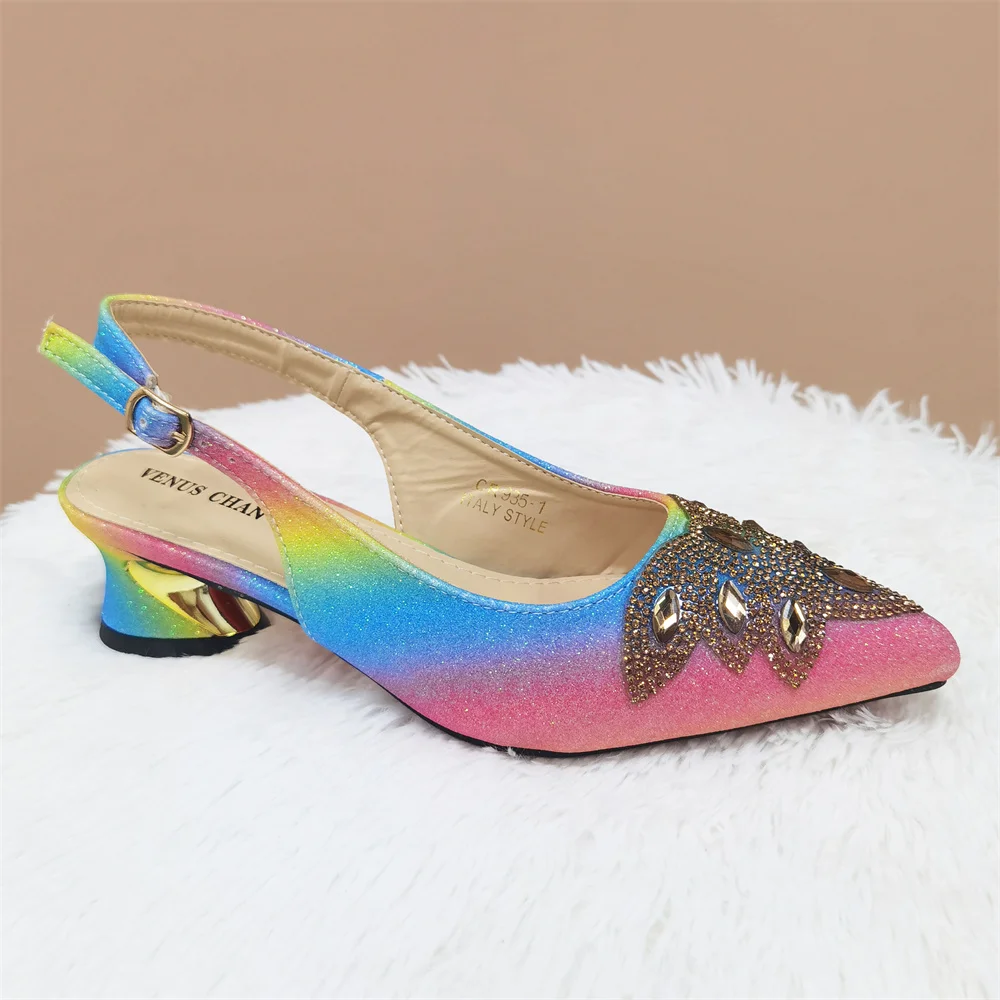 2024 INS Nigeria Women's Wedding Pointed Sandals Rainbow 4.5CM Comfortable Low Heel Royal Blue Gold Purple