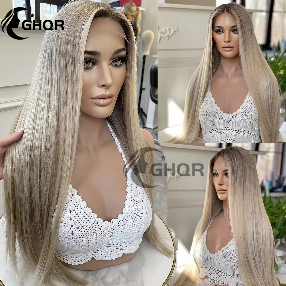 

Platinum Ash blonde Highlight Lace Front Wig Human Hair Brown Roots Straight Virgin Brazilian Preplucked Transparent Swiss Lace