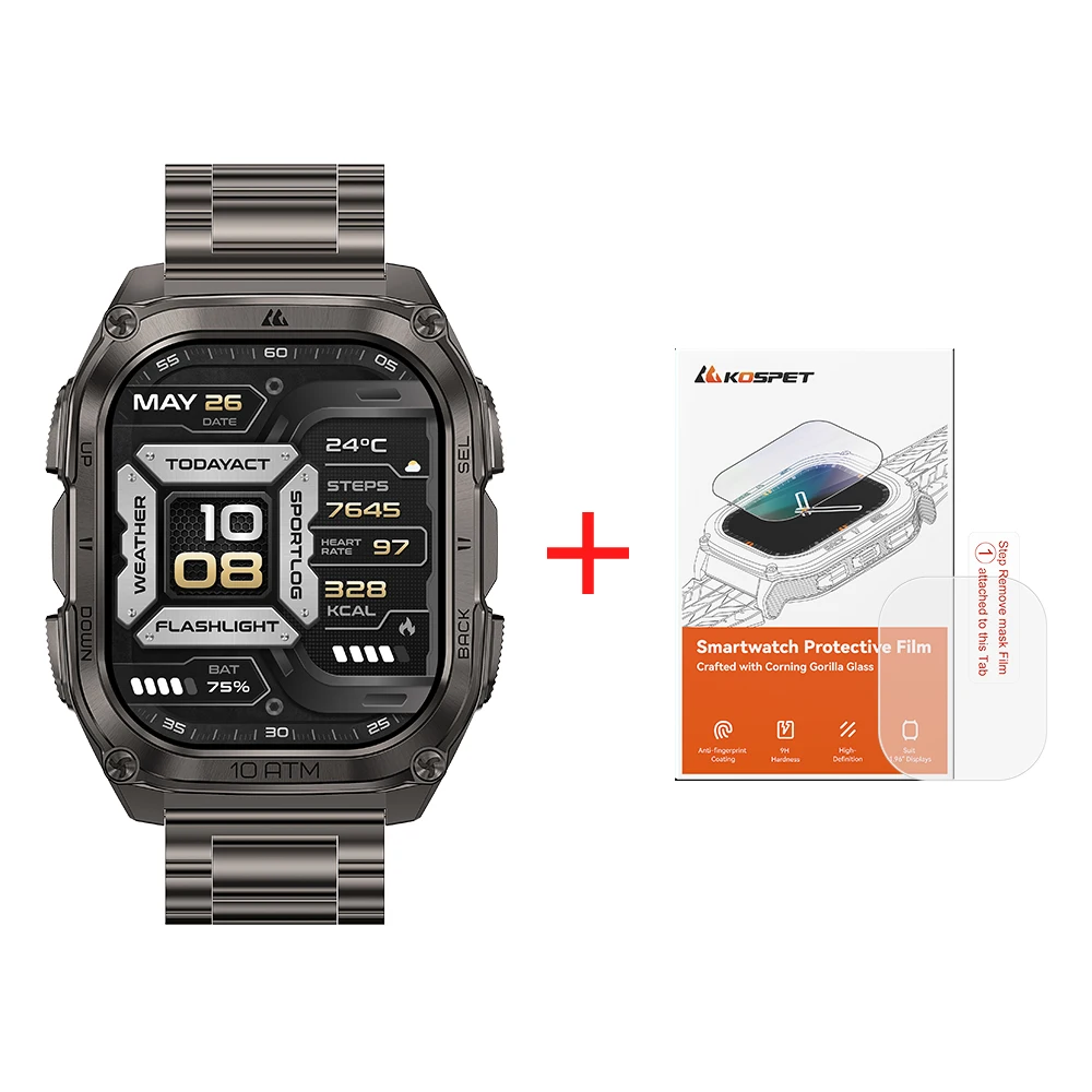 Nieuwe KOSPET Tank M4 SE robuuste smartwatch van roestvrij staal met GPS, offline kaart, 10ATM 45M freediving, 24/7 gezondheidsmonitor voor Android en iOS.