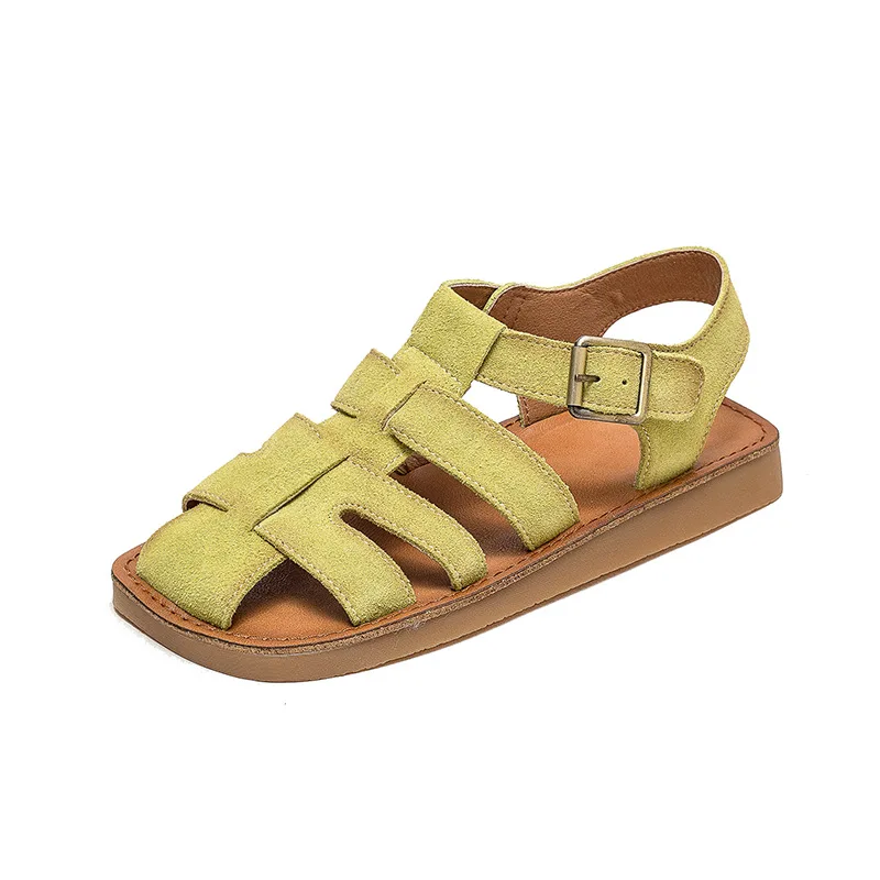 Genuine Leather 2024 Summer New Retro Hollow-out Breathable Sandals Casual Comfortable Women Flats Shoes