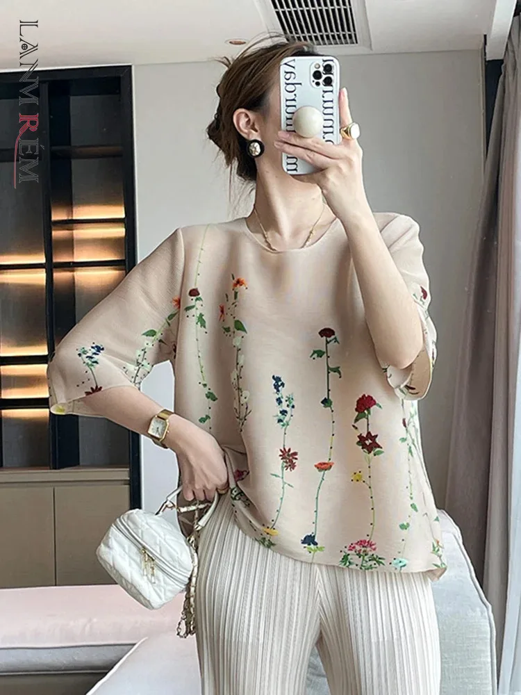 LANMREM Print Pleated T-shirt For Women O-neck Lantern Sleeves Loose Tops Fashion 2024 Female Summer New Clothing 2Z1708