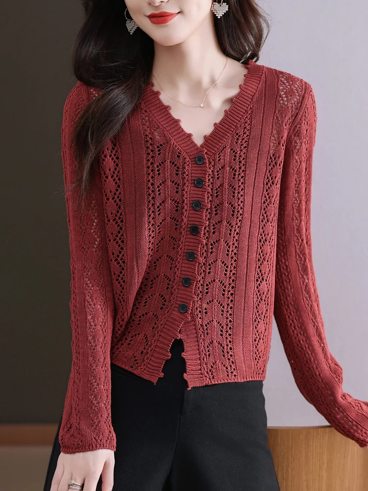 

Hollow Cardigan Sweater Women Spring Women Clothing Long Sleeve Sweater Single-breasted Knitwear Cardigans