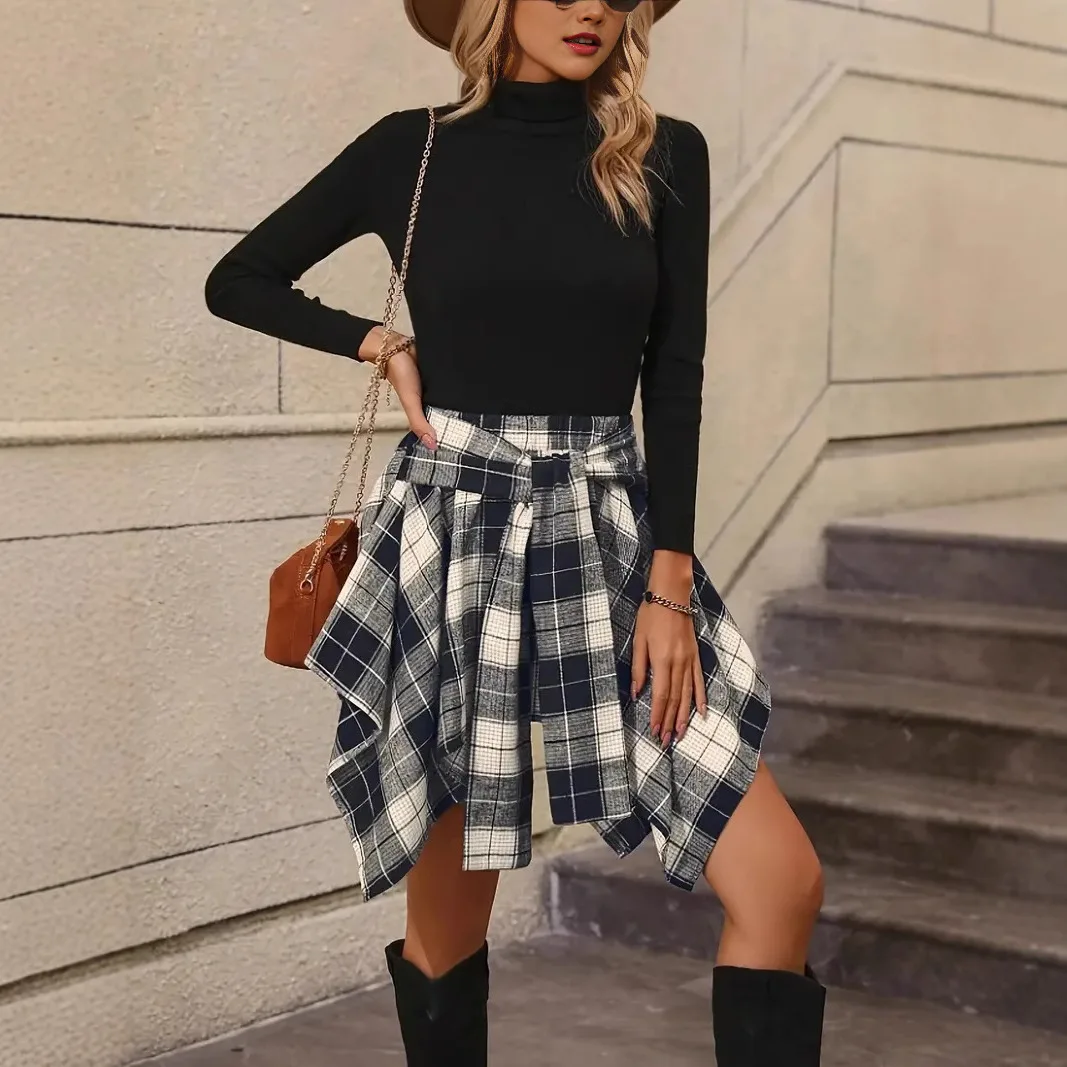 Fashionable 2024 Skirt Trendy Half-length Checkered Belted Skirt Asymmetrical Design Commute Style Loose Fit Polyester Material