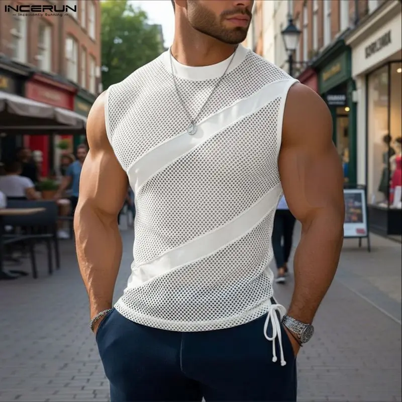 INCERUN Men Tank Tops Patchwork Hollow Out See Through Lace Up Male Vests Streetwear Sexy 2026 Sleeveless Fashion Men Clothing