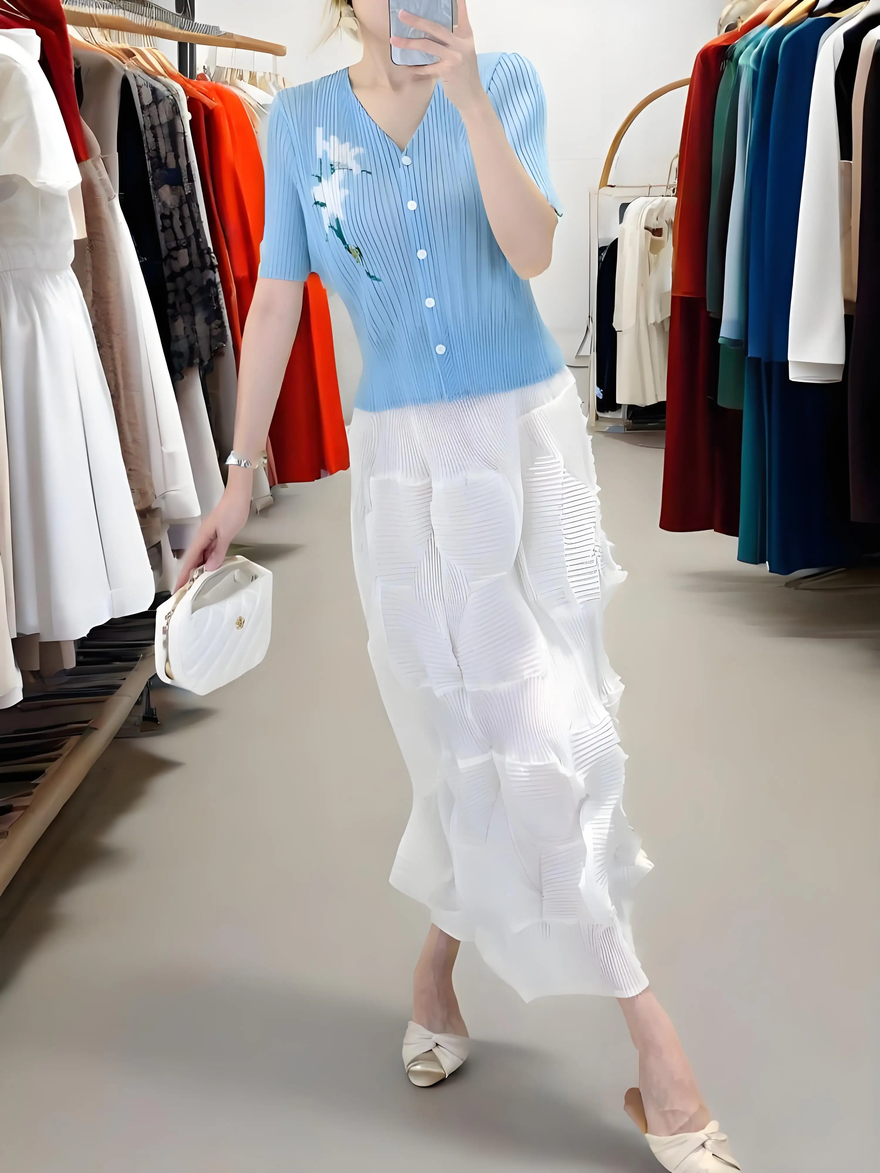 

Miyake Spring and Summer Short Sleeve Flower Printed Cardigan Top Women's Summer Elegant Versatile FoldV Neck Casual T-Shirt