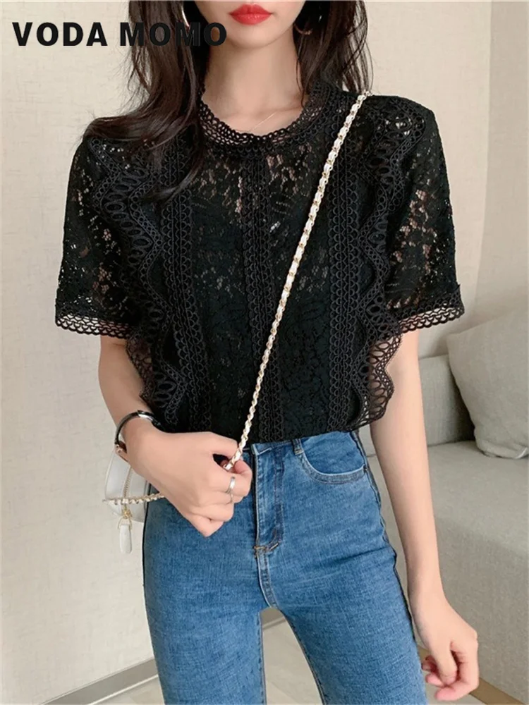 여름 한국 세련된 탑 자른 셔츠 여성 짧은 소매 오-넥 캐주얼 레이스 중공 우아한 패션 레트로 모든 경기 슬림