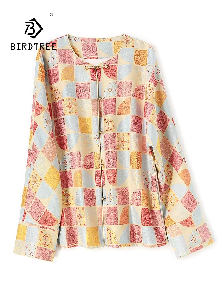 BirdTree-Silk Song Brocade Elegant Coat, O Neck Geometry, Women Design Sense Commute Loose Cardigan, 2026 Autumn New C6O598CC
