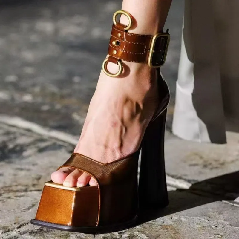 Women Platform Sandals Peep Toe Chunky High Heels 12cm Ankle Strap Elegant Party Summer Dress Shoes Plus Size 33-43F743