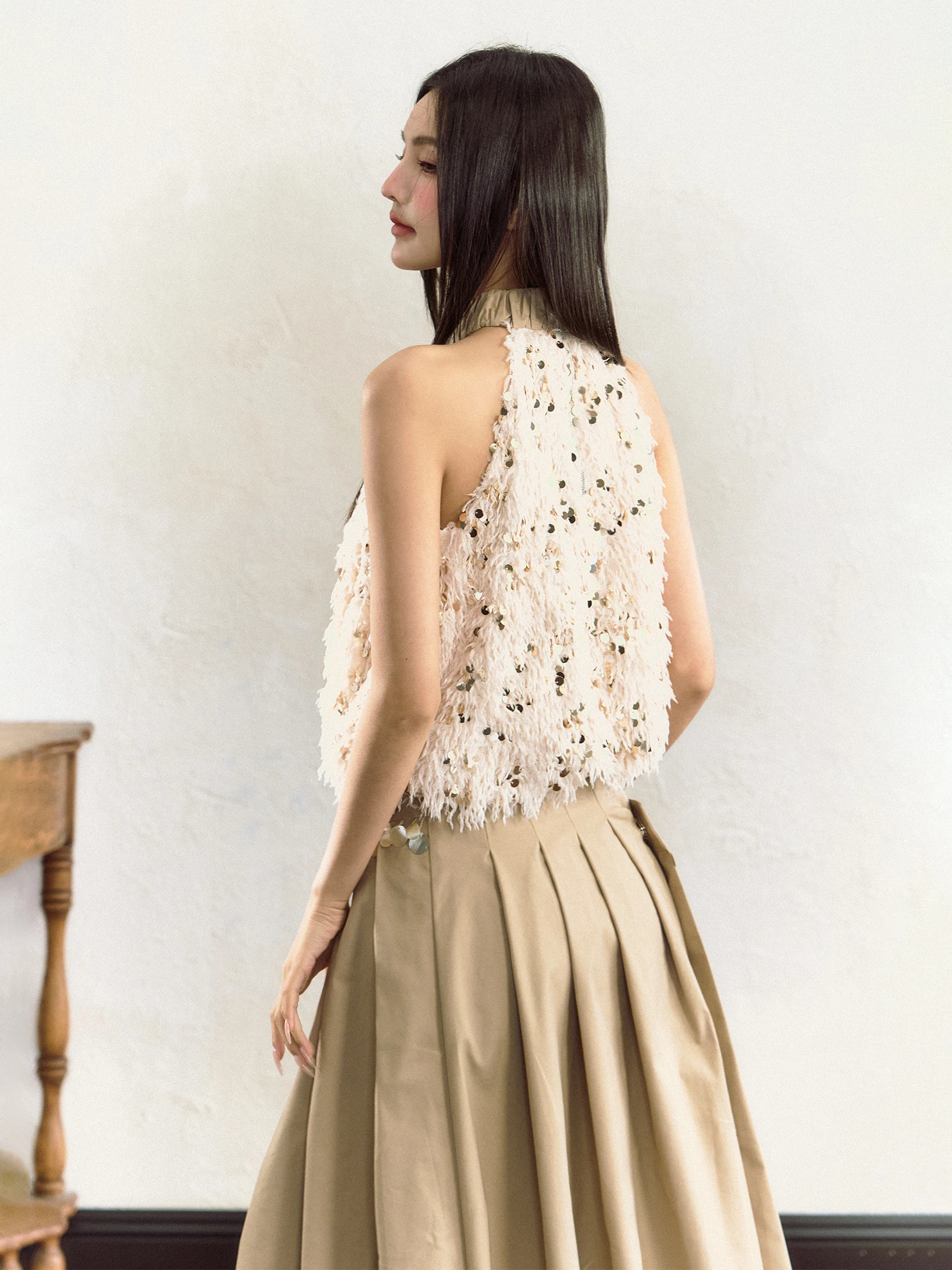

AGAM Modern Retro Tassel Nelace Vest Loose Women's Sle Sequin Rich Young Lady Aosphere oulder Exposure ort Top