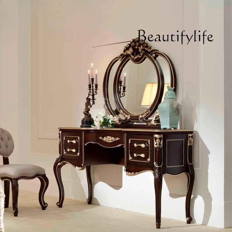 

Neoclassical bedroom furniture, solid wood carved dresser, makeup table, with dresser mirror combination