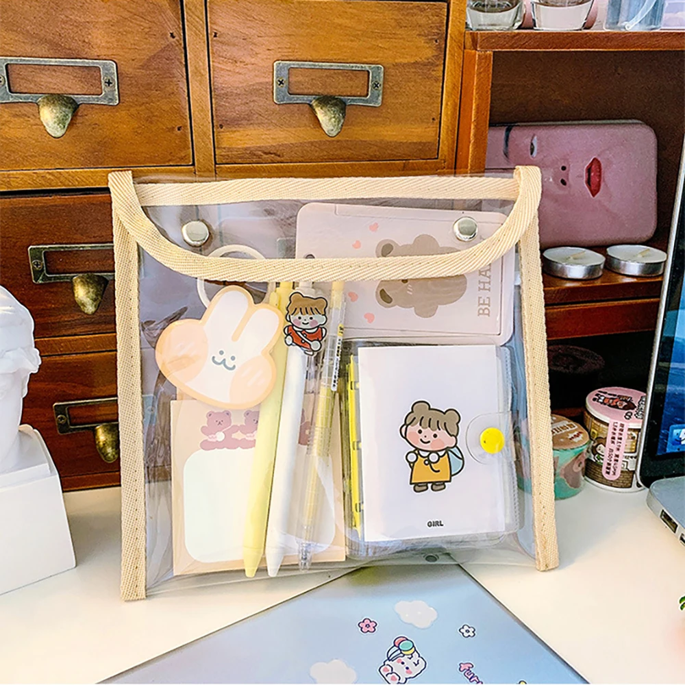 Japanese style snap on storage bag, simple transparent PVC makeup bag, student large capacity stationery storage bag