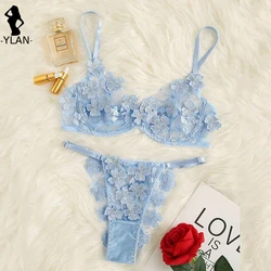 Lencería Sexy con bordado Floral para mujer, conjunto de Sujetador de encaje transparente, Kits cortos para el cuidado de la piel, conjunto de hadas delicado, 2 piezas