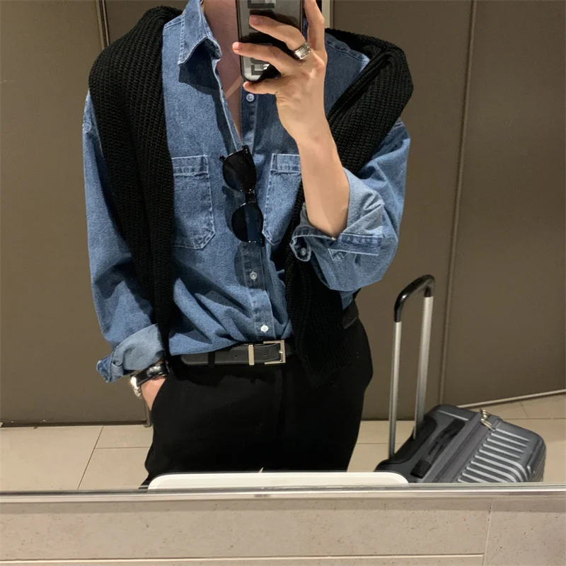 

Мужская джинсовая рубашка синего цвета для многослойной носки, весна-осень, модная корейская модель, премиум-класс, рабочая одежда Haome, прочная и долговечная.