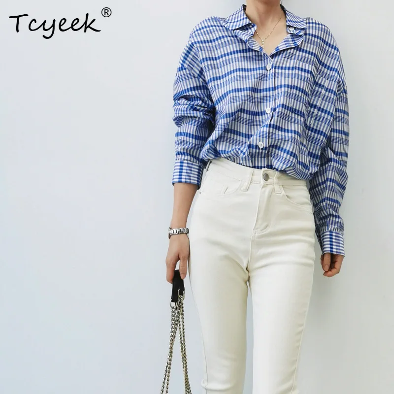 

Tcyeek, 12MM 27.7% Real Silk 72.4%Cotton, Shirt For Women, Long Sleeve Plaid, Elegant OL Blouses, 2024 Spring New Top T43275QM