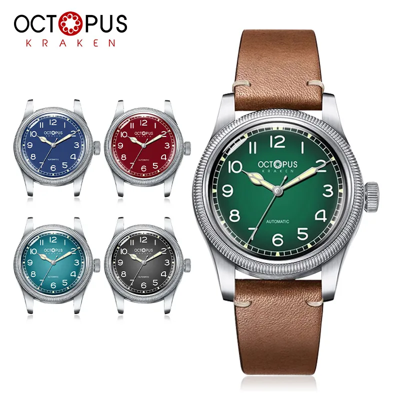 Octopus Kraken Pilot Watches NH35 Movement Sapphire Leather Stainless Steel 100M Waterproof Mens Automatic Vintage Wristwatches