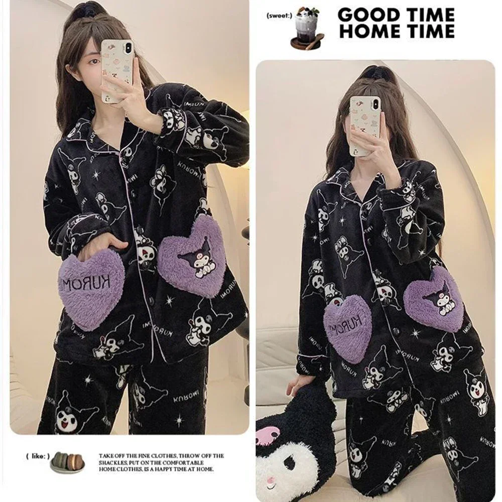 Anime Kuromi Couple Plush Pajama Set Sanrioed Cartoon Hello Kitty Coral Velvet Men Women Sleepwear Cute Warm Winter Homewear