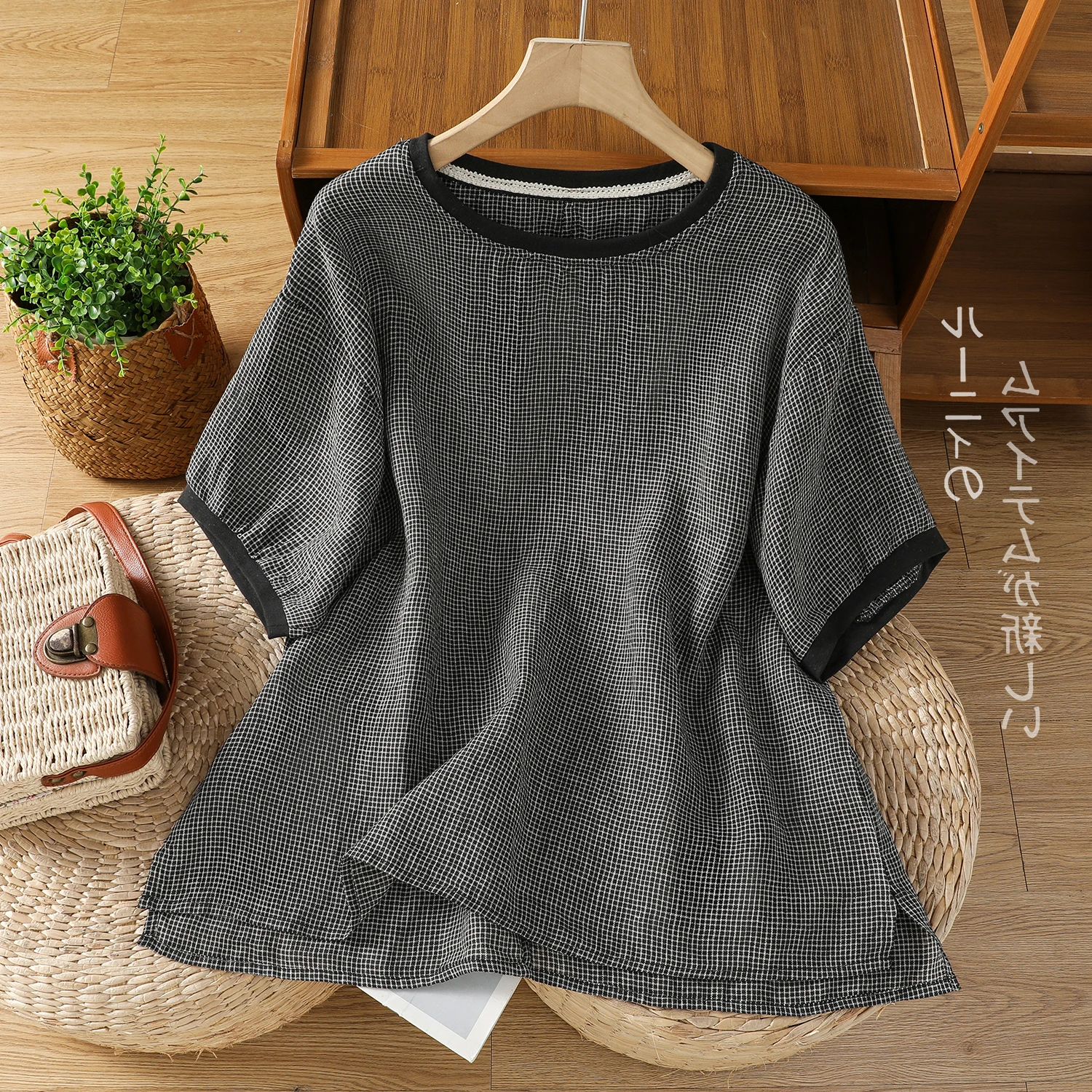 

Summer Cotton Linen Loose Short Sleeve round Neck Overhead Shirt Women's Color Block Artistic Shirt Comfortable Breathable