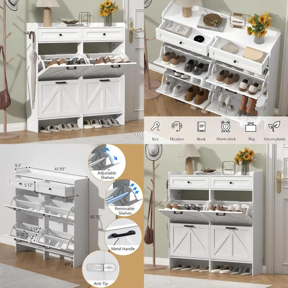 خزانة أحذية على طراز المزرعة الريفية مع 4 أدراج قابلة للطي ودرجين تخزين، ورف منظم أحذية ضيق ونحيف للمنزل #1