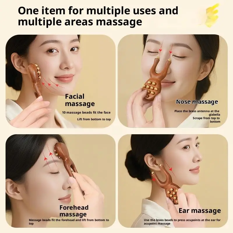 12 медных бусин Гуаша, массажер для лица, инструмент с ручкой из сандалового дерева, подтяжка фасции, ручной массажер для лица, антистатическая форма лягушки, ручной