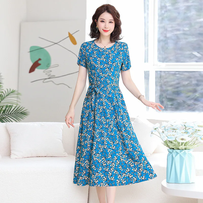 Casual Printed Womens Dresses Short Sleeve Summer Nightdress For Ladies Night Wear Cotton Middle Aged Mother Nightgowns XL-5XL