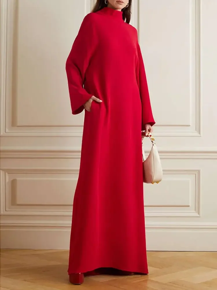 Solid Red Wrap Maxi Dress for Women Elegant Evening Party Dresses High Neck Long Sleeve V-back H-line Pleated Dress