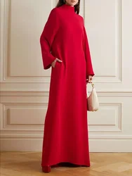 Modigirl 2024 Autumn Female Elegant Red Party Evening Maxi Dresses High-Neck Long Sleeves V-Back Dress Robe For Women