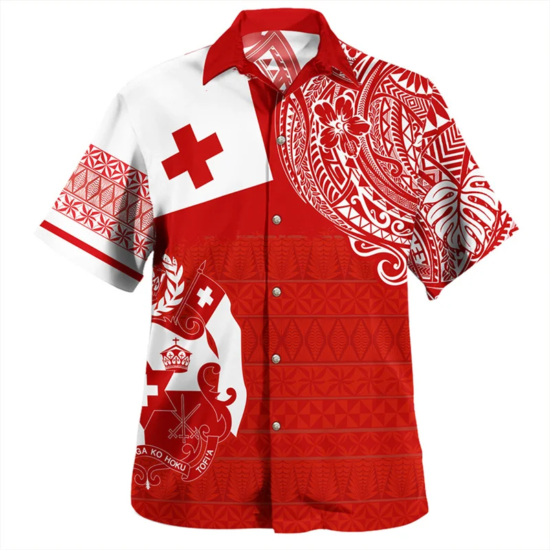 Summer Vintage New 3D Polynesian Tonga Flag Emblem Printing Shirts Tonga Coat Of Arm Rubgy Graphic Short Shirts Men Fashion Tops