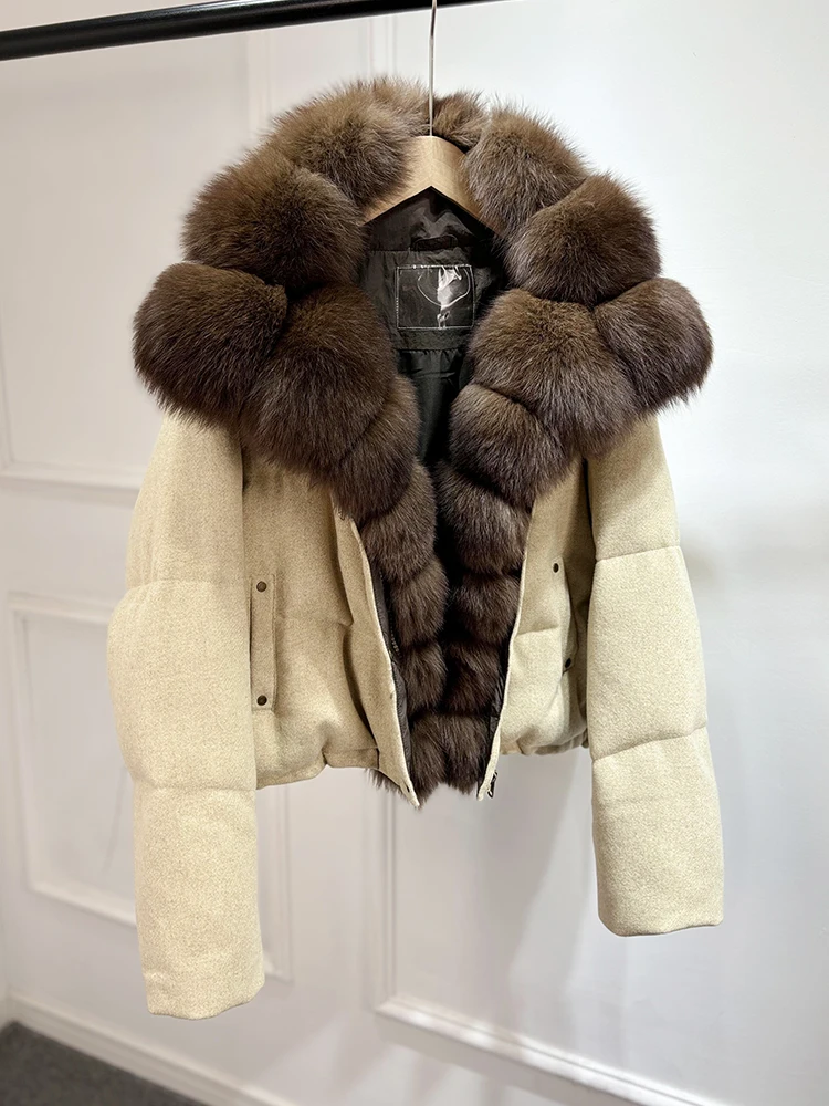2026 Luxury Winter 90% White Duck Down Wool Blends Jacket Women Real Natural Huge Fox Fur Thickened Warm Puffer Wool Down Coat