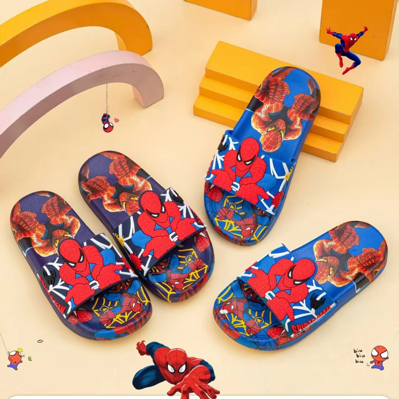 

Marvel Kids'Slippers PVC Summer Flat Shoes For Boys Anti-slip Thick Bottom Beach Shoes Spider-Man Designer Blue Size 26-35