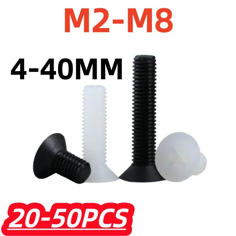 20-50pcs/lot M2 M2.5 M3 M4 M5 M6 M8 White / Black Flat Head Bolts Nylon 4-40mm Countersunk Head Screws Plastic Phillips