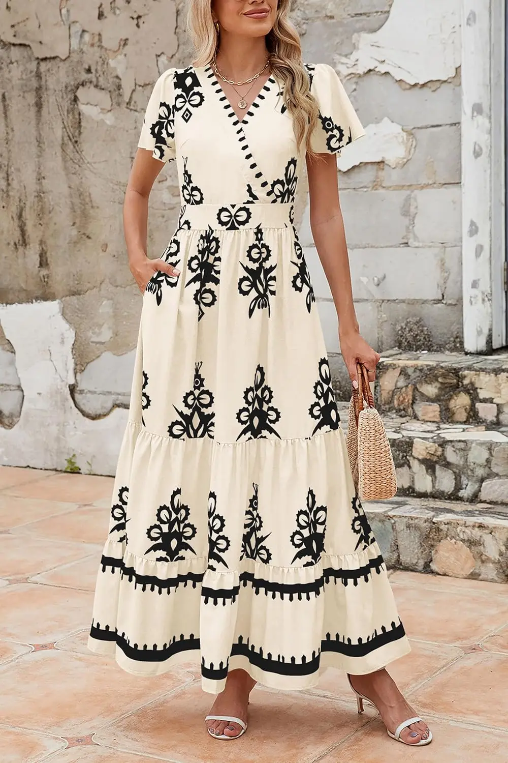 Feminino 2025 verão casual decote em v boho maxi vestido flowy aline sino manga em camadas vestidos florais com bolso