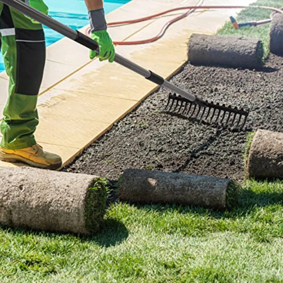 مشاعل القوس 5.4FT مشط الحديقة شديد التحمل مع مقبض من الفولاذ المقاوم للصدأ 17 أداة حديقة من الفولاذ لتخفيف التربة #6