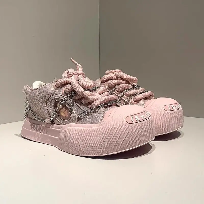 

Y2k Design Pink Chain Smiling Canvas Shoes Women's Ugly Cute Big Head Casual Board Shoes Star Style Fashion Street Walking Shoes
