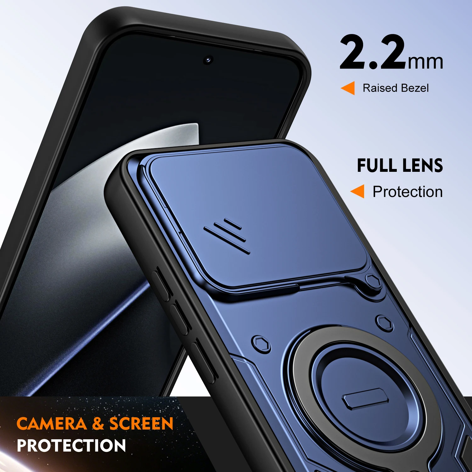 Stoßfeste Hybrid-Doppelschicht-Hülle mit magnetischem Metallringständer für Xiaomi 15T Redmi Note 15 Pro Plus mit drehbarer Schiebe-Kameralinsenabdeckung. – Detail 7