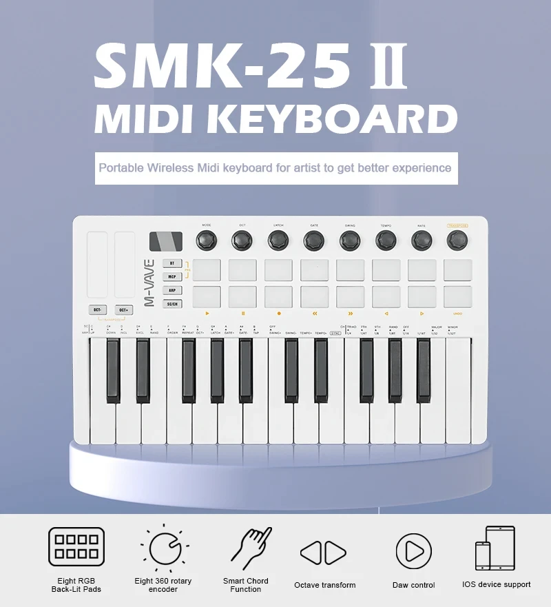 M-VAVE SMK-25 II Pro MIDI-контроллер, клавиатура, 25 клавиш, 16RGB-подставки, 8 кнопок, BT, беспроводная портативная для домашней студийной записи