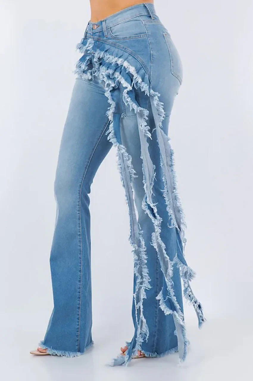 Women Street Fashion High Waist Wide Leg Jeans Trousers 2024 Summer Ruffles Tassel Ripped Out Washed Chic Denim Pants