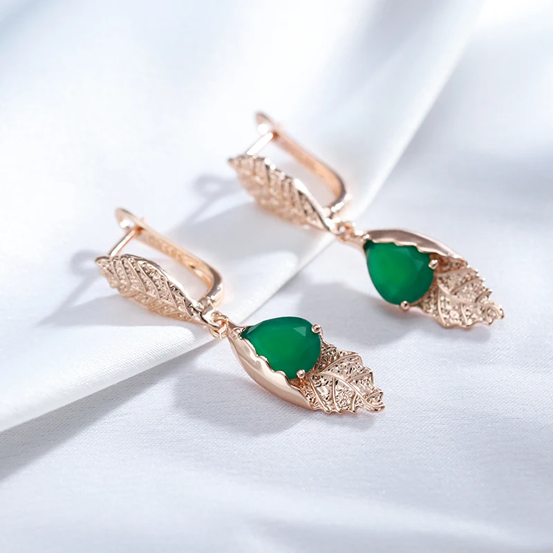 Wbmqda  Luxury 585 Rose Gold Color Leaf Long Earring Ring For Women Green Natural Zircon Setting Ethnic Wedding Jewelry Sets