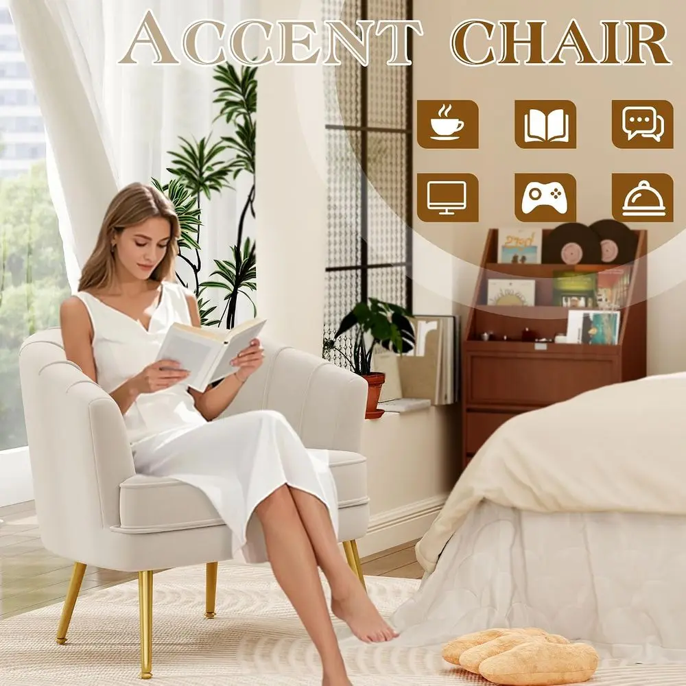 Velvet Accent Chair, Upholstered ern Single Soa Side Chair,Comy Barrel Club Living Room Armchair with n Metal Legs or Bedroom Li view 5