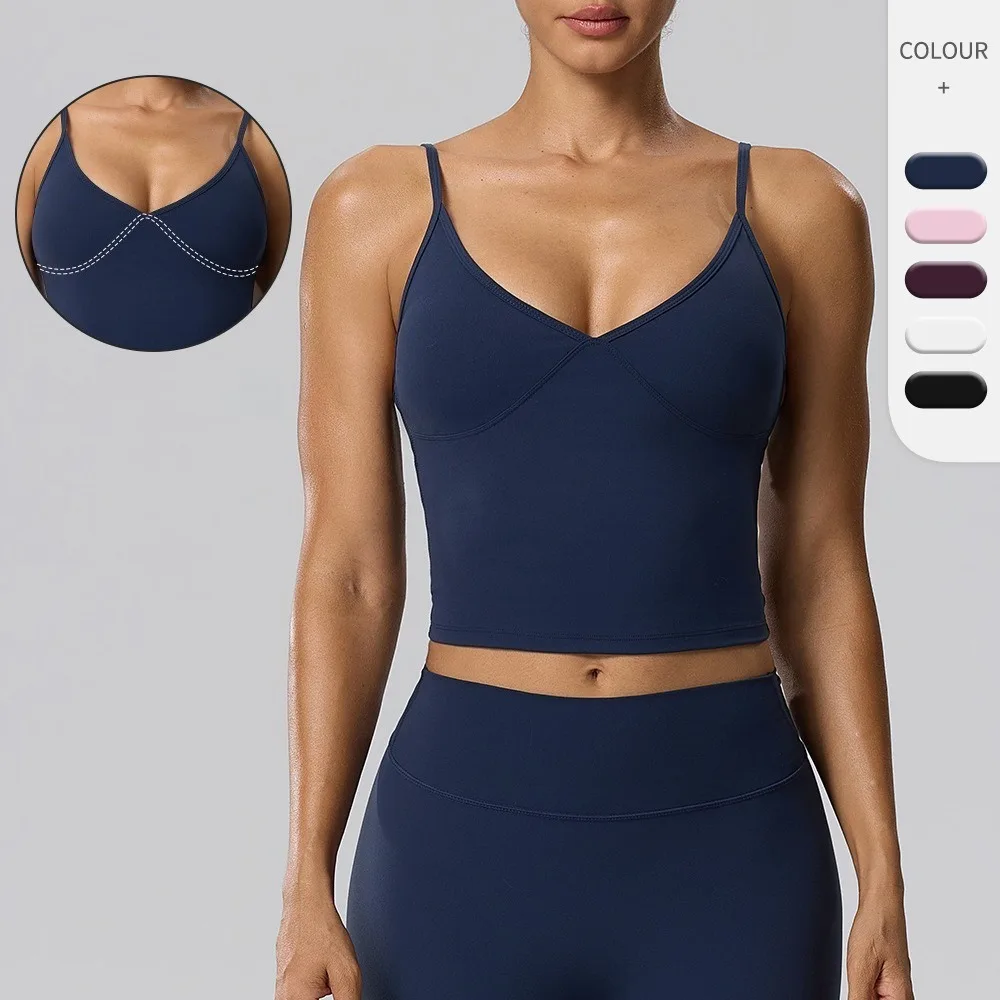 Women V Neck Yoga Cami Tank Top Double Brushed Fabric Built-in Chest Pads Breathable Stretch Running Fitness Workout Vest